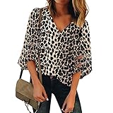 XUNN Damen Tops Mode Sexy Leopard Mesh Panel Bluse mit V-Ausschnitt 3/4 Bell Sleeve Casual Loose Top Shirt Frauen Ob