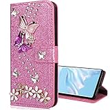 Nadoli Leder Hülle für Galaxy S7 Edge,Luxus Bling Glitzer Diamant 3D Handyhülle im Brieftasche-Stil Schmetterling Blumen Flip Schutzhülle Etui für Samsung Galaxy S7 Edge,R