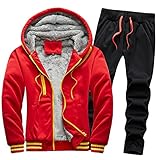 Yowablo Hoodie Sweatshirt Sportswear Sets Männer Winter Plus Size Einfarbig Jacke Hosen Verdickt Plus Samt Warmer Pullover Anzug ( M,2Rot )