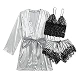 Schlafanzug Damen Sommer Nachtwäsche Mit Spitze Nachtwäsche Für Frauen Große Größen Sinnliche Nachtwäsche Damen Nachtwäsche-Sets Overall Nachtwäsche Damen Damen Satin Nachtwäsche Lang(Grau,XL)