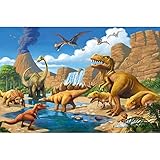 GREAT ART® Kinder Poster – Dinosour – Dinowelt Comic Style Abenteuer Dinosaurier Jungle Adventure Dinosaurus Wasserfall Animal Planet Dekoration Wandbild Din A2 (42 x 59,4 cm)