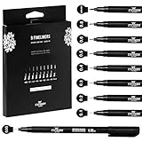 Stationery Island Fineliner Stifte Set Schwarz Mit 9 Verschiedenen Dünnen Spitzen. Zeichenstifte Für Bullet Journal, Technisches Zeichnen, Bauzeichnen, Schreiben, Notizen Und Grafikdesig