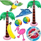 Yetech Aufblasbare Palmen Baum Strand Spielzeug Set, 9PCS Aufblasbare Palmen Flamingo Spielzeug,90 cm Wassermelone Aufblasbarer Schwimmring,Fliegen Papagei Delphin ,Hawaii Party Deko Beach Backdrop