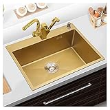 JPSHBA Undermount Kitchen Sink,Single Bowl Stainless Steel Sink,Golden Embedded Small Sink Household Thickened washbasin with Pull-Out Faucet（Size : 53x43x21cm）