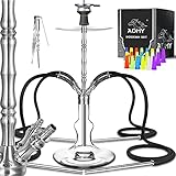 ADMY Shisha Set, Hookah Edelstahl V2A 80cm | Wasserpfeife Komplett Set groß mit 4 Anschlüssen 4 Schläuchen | Steinkopf Kaminaufsatz Mundstück Adapter Zange Sieb Glas Bowl Silik