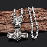 YANGFJcor Wikinger Thor Hammer Mjolnir Halskette Für Herren, Handgefertigt Aus 316L Edelstahl, Nordischer Keltischer Knoten, Vegvisir, Kompasssymbol, Heidnisches Amulett, Schmuckgeschenke,Silb