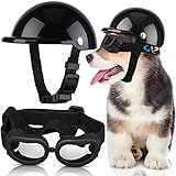 Haustier-Hundehelm und Hundebrillen-Set, gepolstert, 10.2 cm, Motorradhelm, Hunde-Sonnenbrille, Sicherheitskappe, entzückende Welpenbrille mit verstellbarem Gürtel für kleine Hunde, Größe S (schwarz)