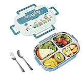 Edelstahl Brotdose Kinder, 1000ml Bento Box mit 4 Fächern, Auslaufsichere LunchBox inkl Besteck, Jausenbox für Schule/Kindergarten/Camping, Spülmaschine/Mikrow