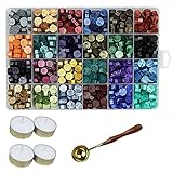Aiboria 600 Stück Siegelwachs Perlen Set Vintage Bunt Siegel wachssiegel mit 4 Teelichtern und 1 Wachsschmelzlöffel für Basteln von Briefmarken, Geschenkverpackung, persönliches Kuvert (24 Farben)