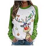 TRIGLICOLEUM Weihnachtspullover Damen Farbblock Nähten Sweatshirt Bluse Tunika mit Elch Print Raglan Langarmshirt Oberteile Hemden mit Rundhalsausschnitt Herbst Winter L
