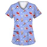 WANGTIANXUE Krankenhaus Damen Schlupfhemd Weihnachten Bluse Kurzarm V-Neck Mischgewebe Kasack Damen Pflege mit Bunt Chriatmas Motiv Bunt Arzt Uniform Berufsbekleidung Krankenschwester Xmas Kleidung