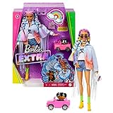 Barbie GRN29 - Extra Puppe mit geflochtenem Regenbogen-Zopf, langer Jeans-Jacke, Hündchen, Regenbogenzöpfen, Zubehörteile, mehrere bewegliche Gelenke, Spielzeug für Kinder ab 3 J