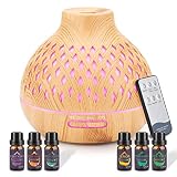 400ML Aroma Diffuser mit 6x10ml Ätherische Öle Set, Ultraschall Luftbefeuchter mit Fernbedienung Elektrisch Aromatherapie Öle Diffusor Vernebler,mit 14-Farben-LED,Timer-Einstellung, Auto-O