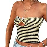 Yokbeer Frauen Y2K Twist Front Striped Knit Crop Tube Tops Ausschnitt Trägerloses Bandeau Cropped Shirt Sexy Ärmelloses T-Shirt (Color : H, Size : L)