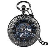 WOAIXI Retro Taschenuhr,Anhänger Uhren Chic Blau Römischen Zahlen Transparent Mechanische Hand Wind Tasche Uhr Antike Uhr Zeit Männer Frauen Geschenk