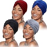 4 Stücke Turbane für Frauen Soft Vorgebunden Knot Mode Plissee Turban Hut Mütze Kopfwickel Schlafmütze, 4 Farben (Rot, Grau, Königsblau, Schwarz)