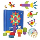 BAQSOO 155 PCS Holzmusterblöcke, geometrische Blöcke Puzzles, Bunte Holzbausteine Math Tangram Puzzle, Montessori Lernspielzeug für Kinder, Form Farbe erk