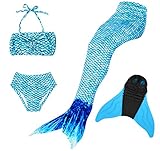 Superstar88 Meerjungfrau Badeanzug Mädchen Niedliche Meerjungfrau Kostüm 3pcs Bikini-Sets Kinder Schwimmflossen (140, Blau+flossen)