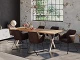 SAM 7tlg. Essgruppe Dora 220 x 100 cm, Mangoholz massiv & naturfarben, Baumkantentisch mit X-Metallgestell in Silber + 6X Stuhl Kirin in Wildleder-Optik