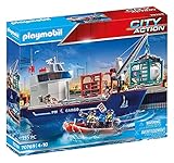 PLAYMOBIL City Action 70769 Großes Containerschiff mit Zollboot und Verladekran (360° drehbar) zum einfachen Be- und Entladen inkl. Laderaum und 2 neuen Containern, schwimmfähig, ab 4 J