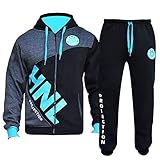 shelikes Herren-Trainingsanzug, Sweatshirt, Hoodie, HNL-Design, Jogginghose, Bündchen aus Fleece und Baumwolle, schwarz/türkis, L