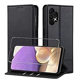 AZNS Handyhülle Kompatibel mit Samsung Galaxy A32 5G Hülle (Nicht für A32 4G) Leder und Panzerglas Schutzfilm , Flip A32 5G Klapphülle Geld Slot für Samsung Galaxy A32 5G Wallet Case 6.5' - Schw