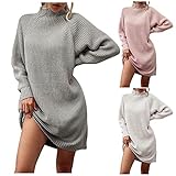 Pulloverkleid Damen Oversize Strickkleider Für Damen Winter Lang Freizeitkleid Frauen Einfarbig Rollkragen Langarm Warm Strickpullover Grobstrick Blusenkleid Sweatshirt Oberteil Winterkleid M