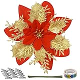 Weyouny Künstliche Weihnachtsblumen, 12 Stück, gold/rot, Weihnachtsstern-Blumen, Weihnachtsbaumschmuck, Weihnachtsbaumschmuck mit Clips und Stielen, G