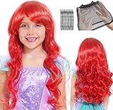 Tacobear Cosplay Perücke Meerjungfrau Perücke Kinder Mädchen Rot Lang lockig Perücke mit Perücke Kappe und Haarklemmen für Cosplay Hallow