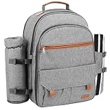 Sunflora Picknickrucksack 4 Personen Picknickset mit Isoliertem Kühlfach und Decke für Camping Outdoor (Grau)