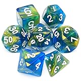 Haxtec DND Würfel-Set, 7-teilig, polyedrisch, D&D Dice RPG Dungeons and Dragons, blau-goldener Wirb