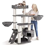 Happypet® Kratzbaum Grosse Katzen stabil XXL Kletterbaum | 156 cm hoch | 47 kg Premium Qualität | 12 cm Dicke Sisalstämme | Höhle, Liegemulde | geprüfte E1 Holzplatten schwere Katzen Main Coon | GRAU