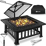 tillvex Feuerschale mit Funkenschutz & Grillrost | Feuerstelle Outdoor für den Garten | 3 in 1 BBQ Grill mit Abdeckung, Schürhaken, Zange &