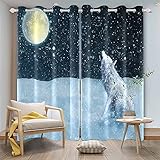 AWERT Wolf Blackout Vorhänge, Vollmond-Winter-Schnee-Nacht Fenster Vorhänge für Kinder Schlafzimmer-Dekor Tiere Vorhang Panel mit Thermal Isoliert Tülle 2 Platten 117x183