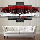 DSFDSF 5 TLG Kunstdruck modern Wandbilder XXL Wanddekoration Landschaft mit rotem Baum Kunstdruck XXL 5 Teilig Bilder 5 Teile Bild Auf Leinwand Leinwandbilder 5 Teile wandbild leinw