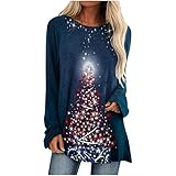Weihnachtsbaum Drucken Pullover Damen Langarm Tops, Lange Ärmel Oberteile Lose Tunika Shirt Bluse Tops, Rundhals Loose Lange Oberteil Lose Tshirt Frühling Hemdbluse Langarmshirt(Marine,S)
