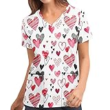 Kasacks Damen Pflege Motiv Einfarbig Kurzarm Gute QualitäT V-Neck Top Valentinstag Herz Lippen Druck V-Ausschnitt Mock Wrap Scrub Unisex Top Sommer LäSsig Sommer Arbeitsuniform Bluse T-Shirt U