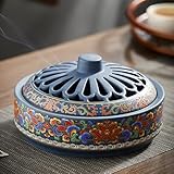 QULENO Keramik Räucherstäbchen, Räucherstäbchenhalter Schale rund, mit winddichtem Deckel geeignet, für Kegel/Holzkohle/Roll Räucherstäbchen (B)