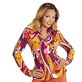 NET TOYS Knallige 70er Jahre Bluse mit Blumen - Orange-Violett XXL (50/52) - Schicke Damen-Bekleidung Retro-Hemdbluse Hippie - Bestens geeignet für Mottoparty & Schlag