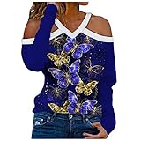 GODKS V-Ausschnitt Sweatshirt Damen Neckholder Pullover Schmetterlingsdruck Langarm Blusen Schulterfrei Langarmshirt Mode Jumpers Lässige Tunika Lockere Oberteile Basic Top