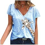 Giraffe Motiv T-Shirt Frauen Sommer Tier Druck Tops Casual V-Ausschnitt Kurzarm Pullover Plain Simplicity Loose Tunika Bluse(M,Z2 Blau)
