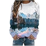 TRIGLICOLEUM Pullover Damen Modischem Landschaftsdruck Oberteile Lässige Lockere Langarmbluse Rundhalsausschnitt Tops Herbst Winter Leichte Sportbekleidung