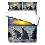 MENGBB Mikrofaser Bettwäsche Set 3 Teilig 1 Mal Bettbezüge Mit Reißverschluss 260X240Cm Tiere Delfine Sonnenuntergang Bettwäsche Set Für Kinder Jungs Muster Bettbezug Set 3D Betten Set Mit Eicher Mik