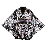 Damen Kimono Kostüm Erwachsene Japanische Geisha Yukata Süß Floral Muster Gown Blossom Satin Bademantel Nachtwäsche mit OBI Gürtel, 16 schwarz, Larg