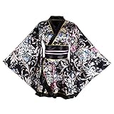 Damen Kimono Kostüm Erwachsene Japanische Geisha Yukata Süß Floral Muster Gown Blossom Satin Bademantel Nachtwäsche mit OBI Gürtel, 16 schwarz, Larg