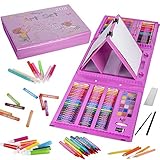KINSPORY 208 PCS staffelei malset, malen und zeichnen set, künstler buntstifte farbstifte malkoffer malkasten für kinder, mädchen, jungen, teenager(rosa)