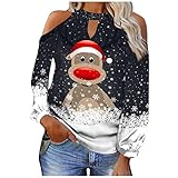 Timitai Frauen Lose Weihnachten Schneeflocke Elch Print Sexy Trägerlose Laterne Langarm Hängendes Hals T-Shirt Nette Tops für F