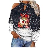 Eaylis Damen V-Ausschnitt Langarm T-Shirt Weihnachten Sexy Off Shoulder Weihnachtspullover Mode Elch Weihnachtsbaum Drucken Teenager Mädchen Lässig Lose Christmas Sweatshirt Pulli Ob