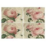 Tischsets mit Rosenmotiv, 4 Stück, Vintage-Stil, Shabby-Chic, pfirsichfarben, rosa, florales Design, wasserdicht, hitzebeständig, waschbar, rutschfest, für Esszimmer, Küche, Tisch, 30.5 x 40.6