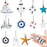 12-teiliges maritimes Deko-Set, Seestern/Boot/Anker/Leuchtturm/Helm/Anker/Schwimmring/Mini-Fischernetz-Zubehör für Strand und Küste, Wandschmuck